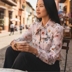 Suite Alice pink floral print bow neck blouse s
